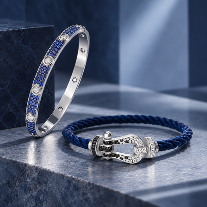 [Luxe Jewelery]Pave Gemstone Love &Force Large Horseshoe Diamond Duo Bracelet Stack Set