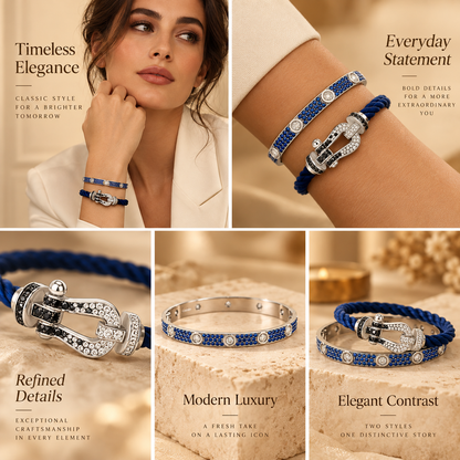 [Luxe Jewelery]Pave Gemstone Love &Force Large Horseshoe Diamond Duo Bracelet Stack Set
