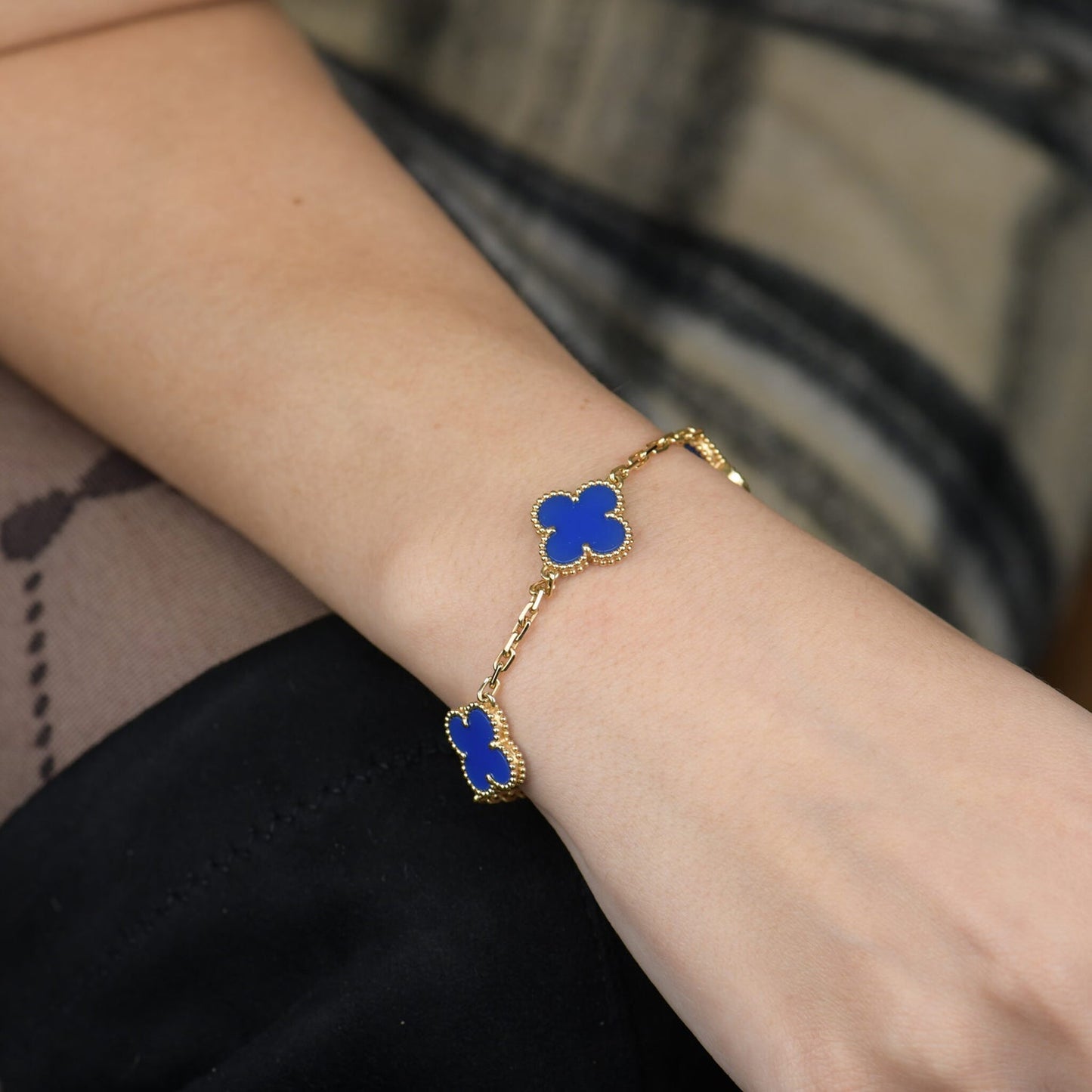 [Luxe]CLOVER 5 MOTIFS BLUE AGATE BRACELET