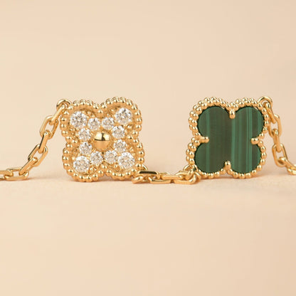 [Luxe]CLOVER  5 MOTIF MALACHITE DIAMOND BRACELET