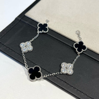 [Luxe]CLOVER 5 MOTIF ONYXS DIAMOND BRACELET SILVER