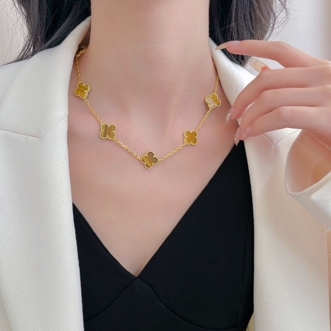 [Luxe]CLOVER 10 MOTIFS TIGER EYE NECKLACE