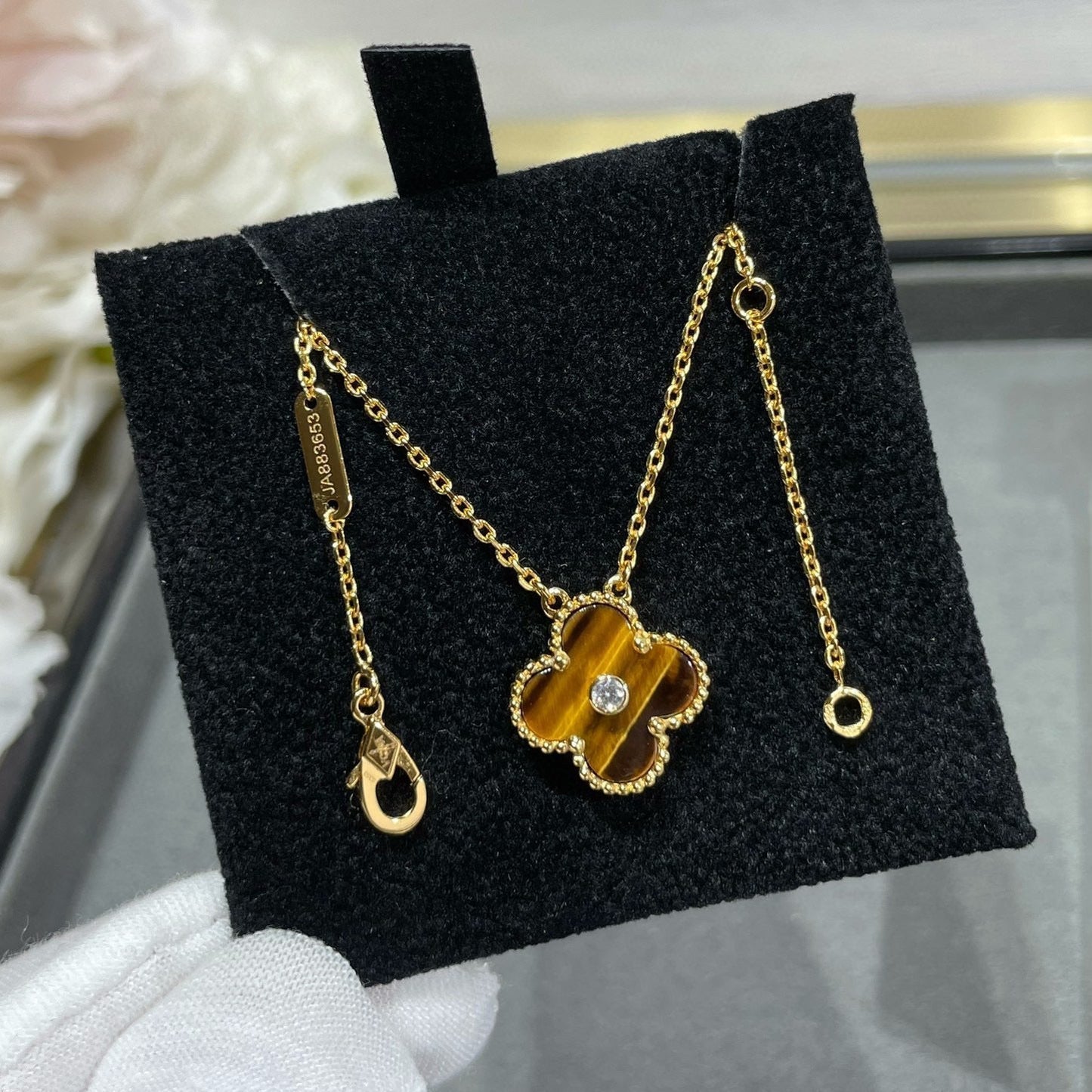 [Luxe]CLOVER 15MM DIAMOND AND YELLOW TIGER'S EYE AGATE necklace