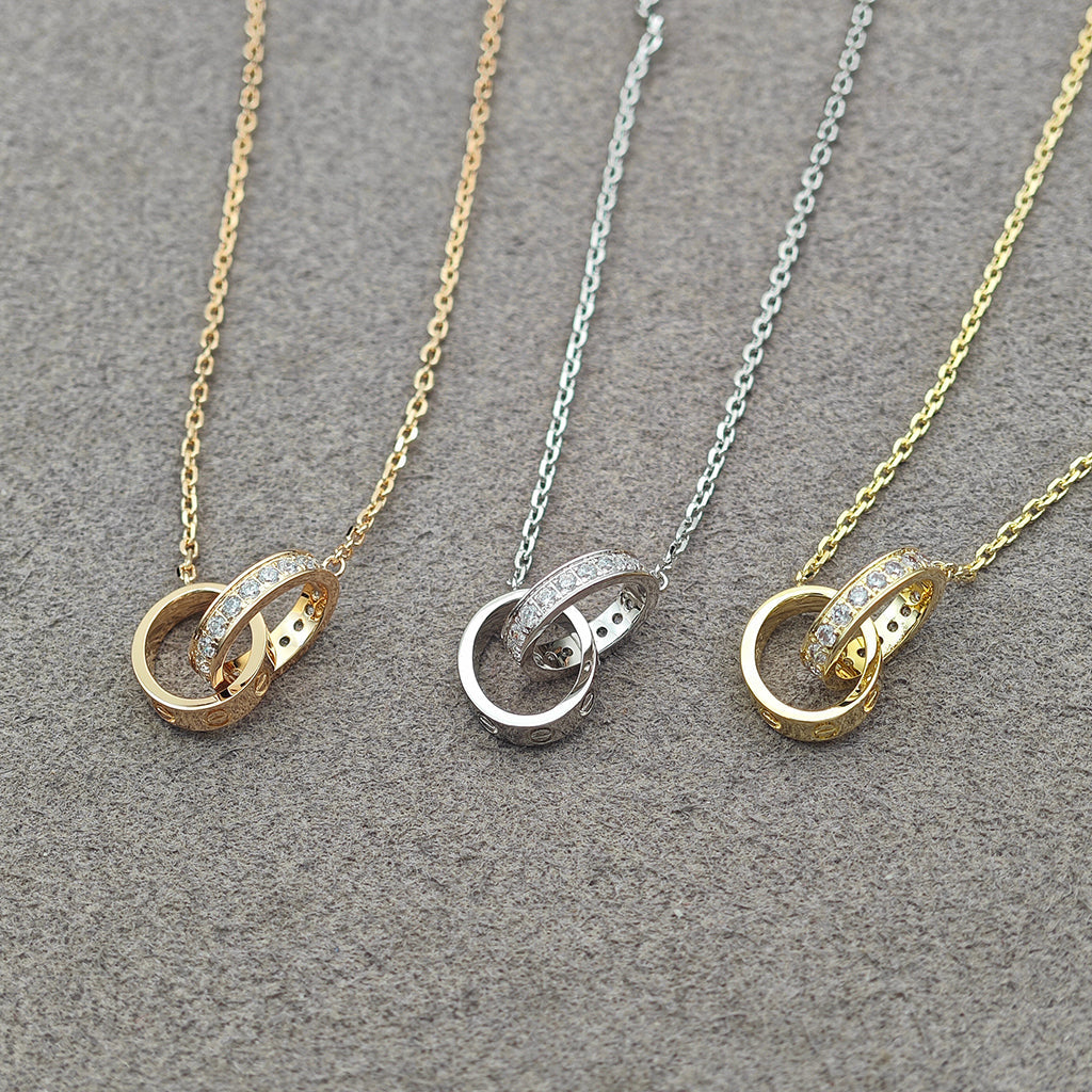 [Luxe Jewelry] LOVE DOUBLE RING HALF DIAMOND NECKLACE