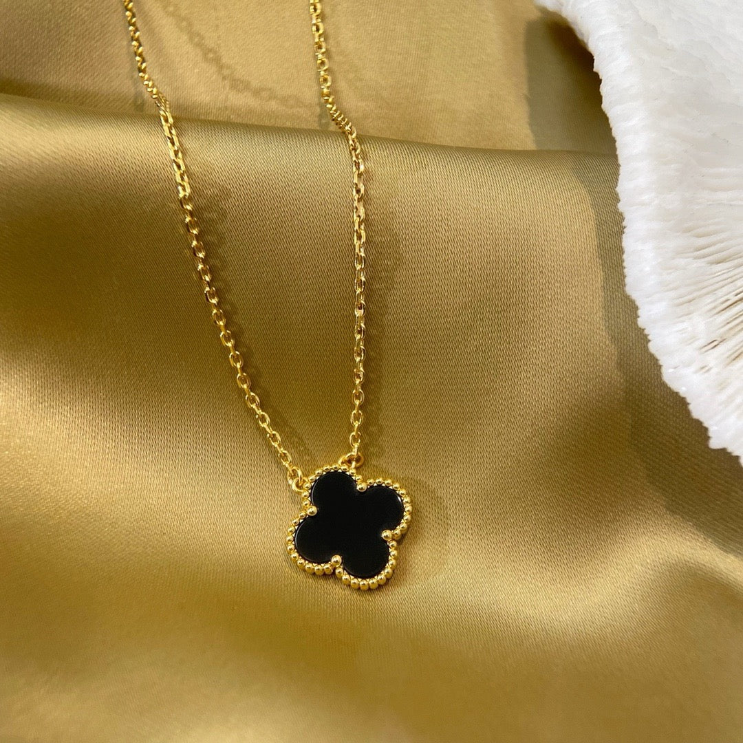 [Luxe]CLOVER 15MM BLACK ONYX SINGLE FLOWER NECKLACE