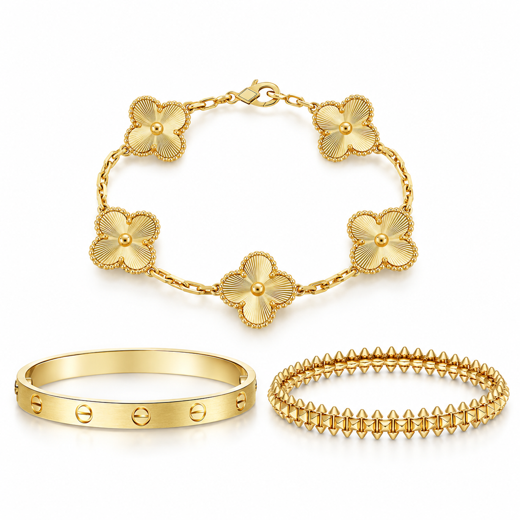 [Luxe Jewelery] CLASH & Clover Laser 5-Motif & LOVE Brushed Bracelet Stack Set