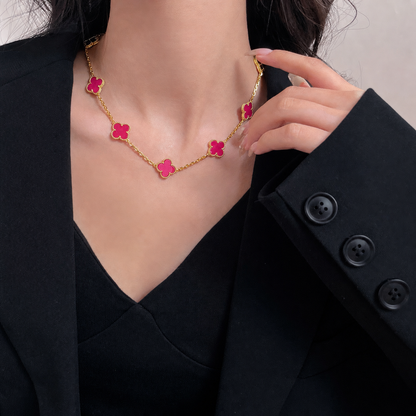 [LUXE]NEW CLOVER 10 MOTIFS PINK ENAMEL NECKLACE