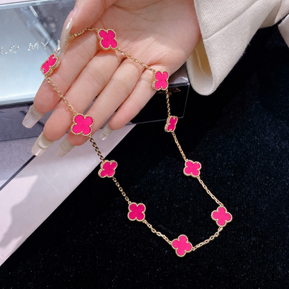 [LUXE]NEW CLOVER 10 MOTIFS PINK ENAMEL NECKLACE