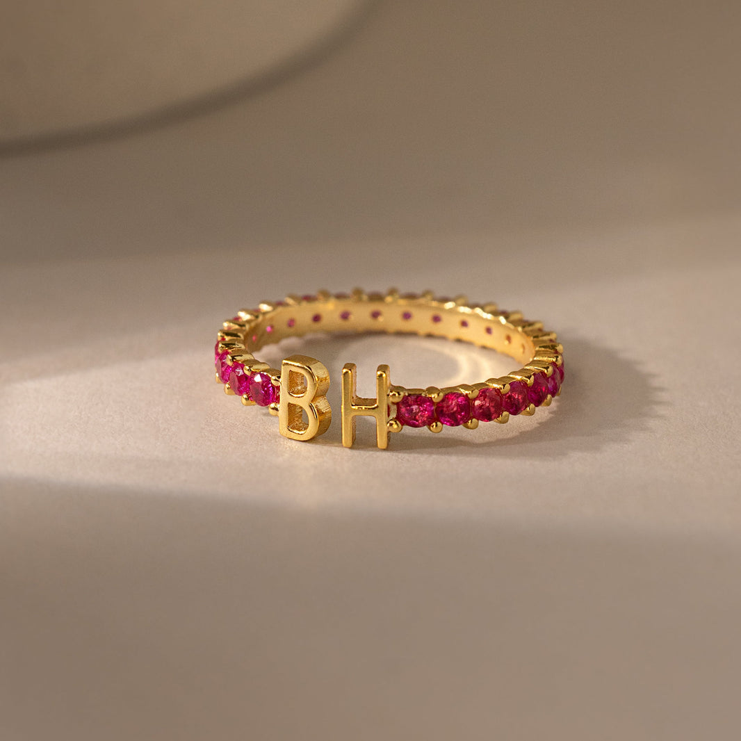 Duo Initial Birthstone Tennis Ring
