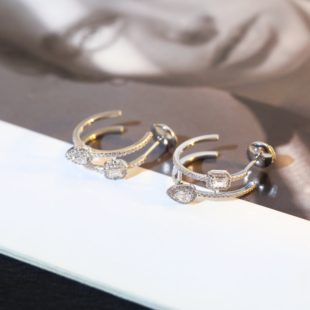 [Luxe Jewelry]CREOLES MY TWIN 2 RANGS SILVER DIAMOND EARRINGS
