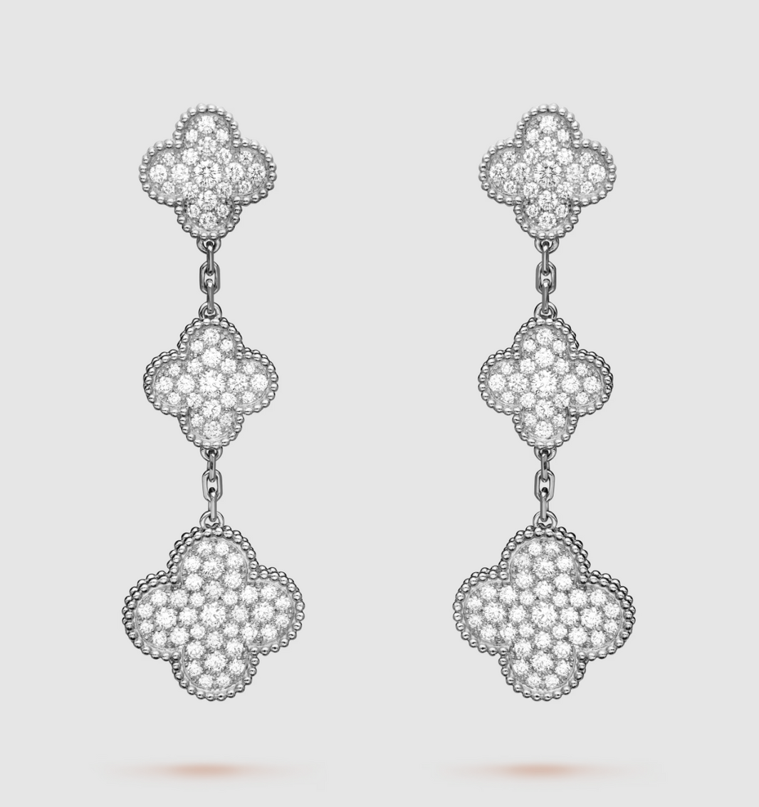 [LUXE]CLOVER 3 MOTIF DIAMOND SILVER DROP EARRINGS