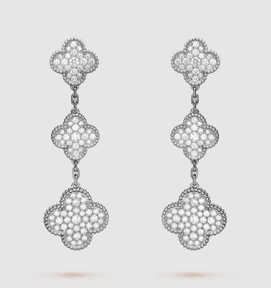 [Luxe]CLOVER 3 MOTIF DIAMOND SILVER DROP EARRINGS