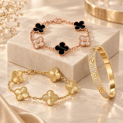 [Luxe Jewelery]Clover Laser  Pulsar Stone 5-Motif & LOVE Diamond-Paved Bracelet Stack Set