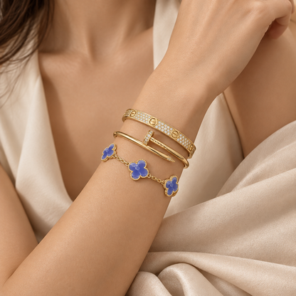 [Luxe Jewelery] LOVE & JUSTE & Blue Veins Clover 5-Motif Diamond Bracelet Stack Set