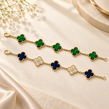 [Luxe Jewelery]Clover 5-Motif Malachite & Pietersite Bracelet Stack Set