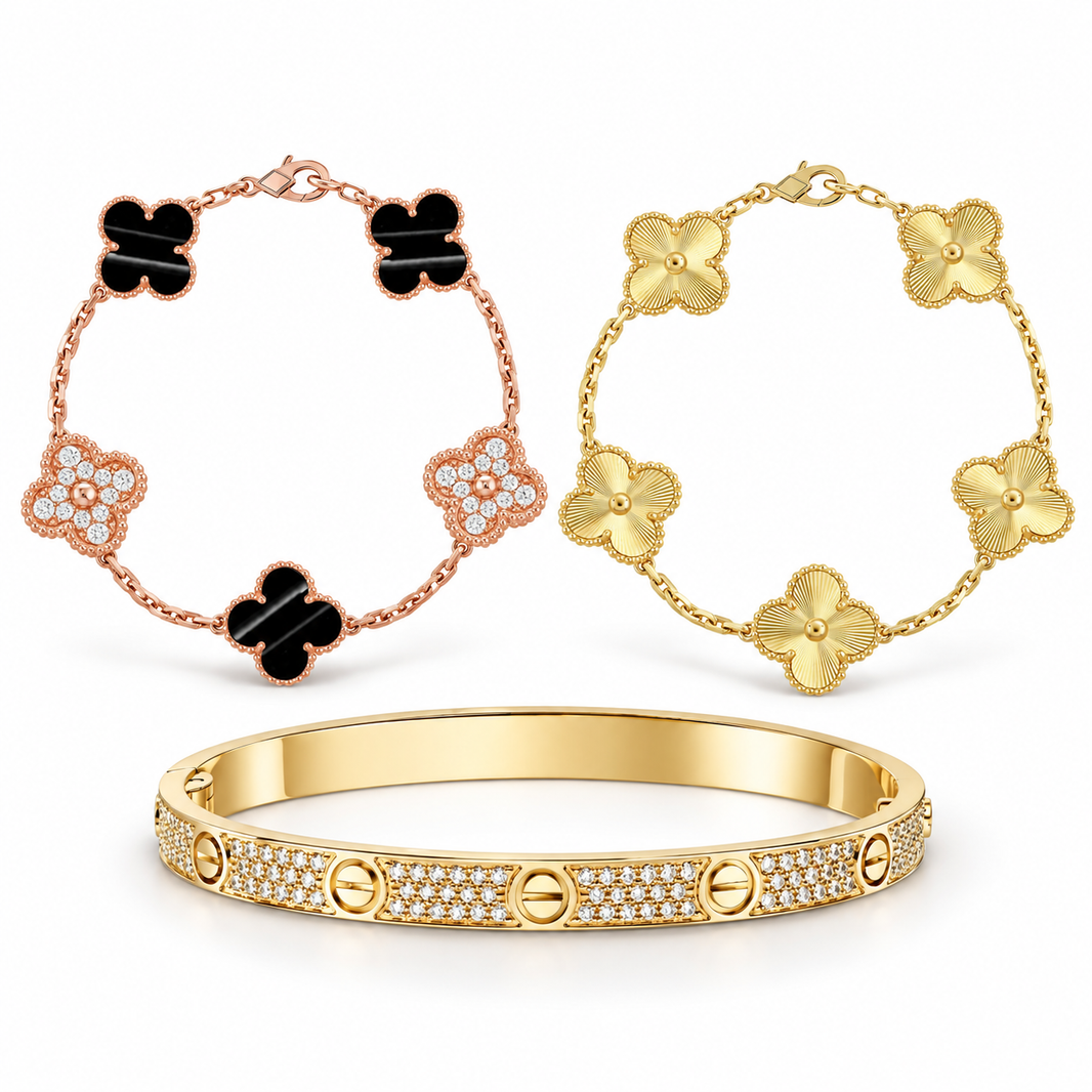 [Luxe Jewelery]Clover Laser  Pulsar Stone 5-Motif & LOVE Diamond-Paved Bracelet Stack Set