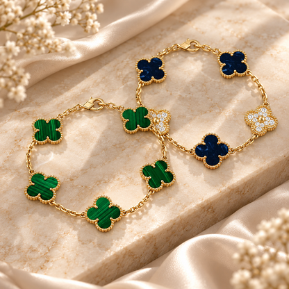 [Luxe Jewelery]Clover 5-Motif Malachite & Pietersite Bracelet Stack Set