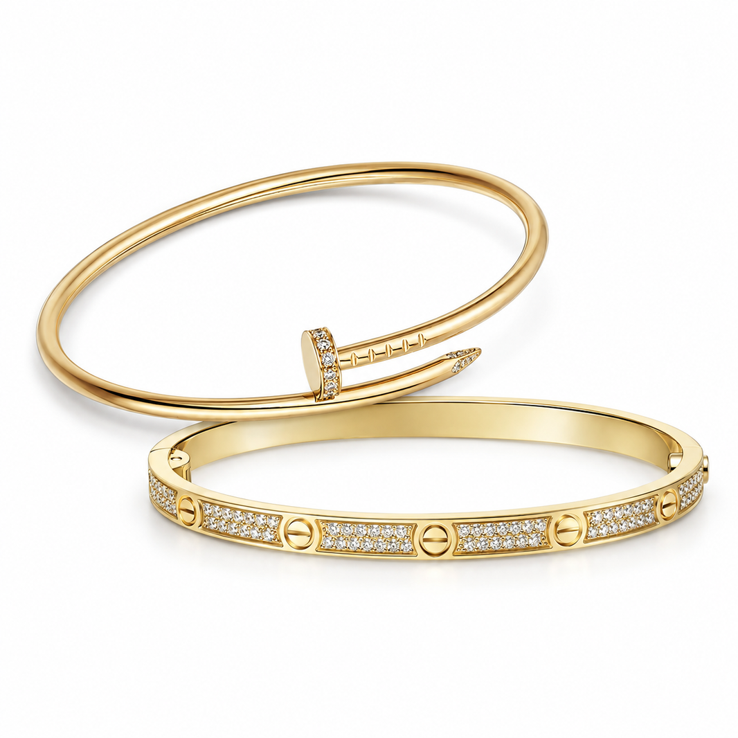 [Luxe Jewelery] JUSTE Diamond & LOVE Diamond-Paved Bracelet Stack Set