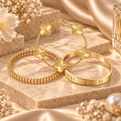 [Luxe Jewelery] CLASH & Clover Laser 5-Motif & LOVE Brushed Bracelet Stack Set