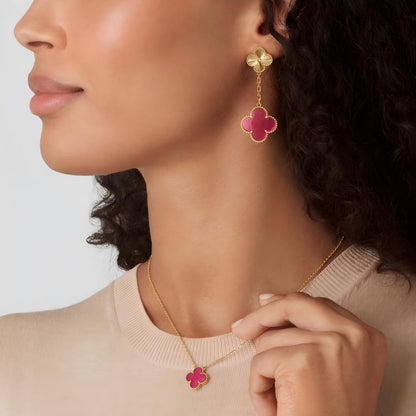 [Luxe Jewelery]Clover Pink Enamel Necklace & Earring Jewelry Set
