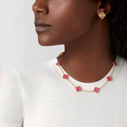 [LUXE]NEW CLOVER 10 MOTIFS PINK ENAMEL NECKLACE