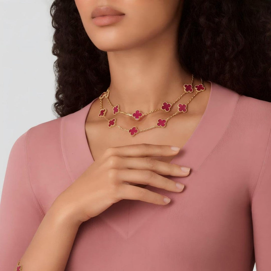 [Luxe Jewelery]Clover Pink Enamel Necklace & Earring Jewelry Set