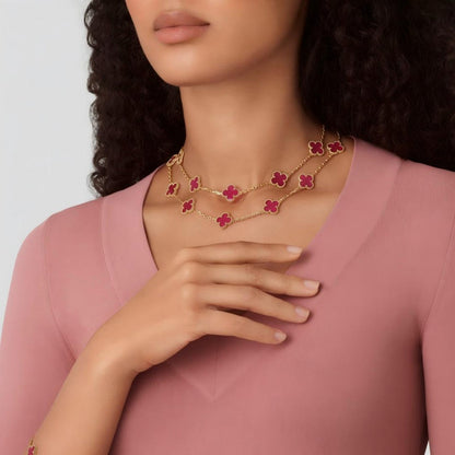 [Luxe Jewelery]Clover Pink Enamel Necklace & Earring Jewelry Set