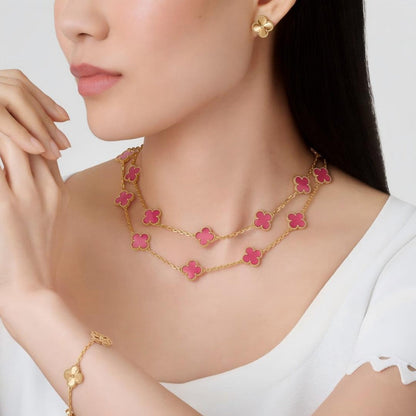 [Luxe Jewelery]Clover Pink Enamel Necklace & Earring Jewelry Set