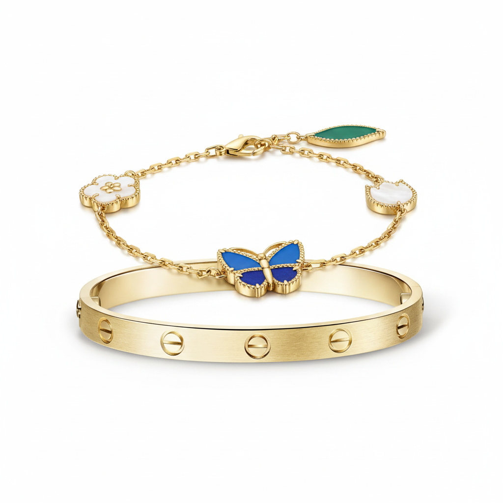 [Luxe Jewelery] LOVE Brushed & Lucky Spring Butterfly 5-Motif Bracelet Stack Set