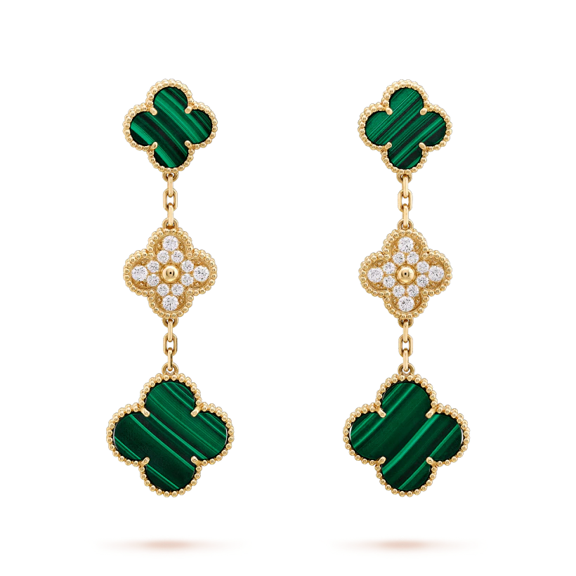 [LUXE]CLOVER EARRINGS GOLD MALACHITE DIAMOND 3 MOTIF