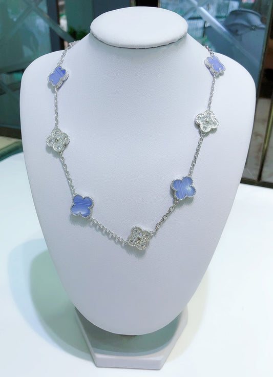 [Luxe]CLOVER 10 MOTIFS CHALCEDONY DIAMONDS SILVER NECKLACE