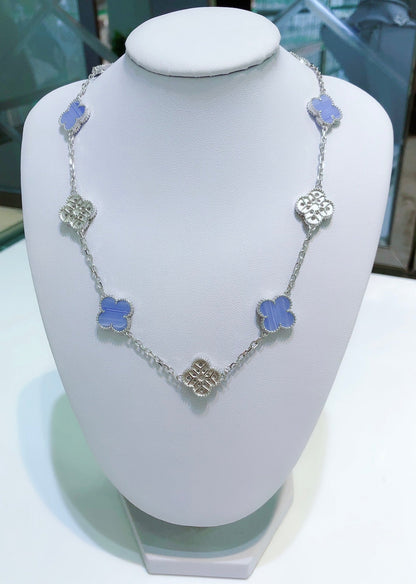 [Luxe]CLOVER 10 MOTIFS CHALCEDONY DIAMONDS SILVER NECKLACE