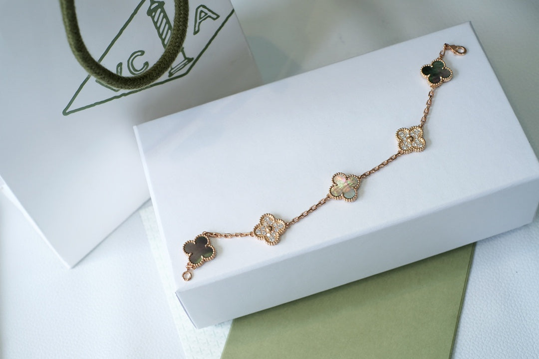 [Luxe]CLOVER 5 MOTIFS DARK MOP AND DIAMONDS PINK GOLD BRACELET