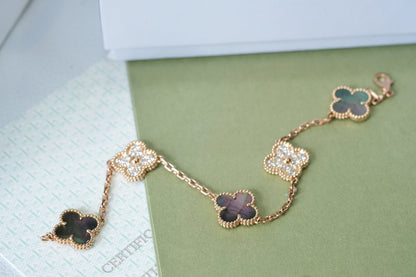 [Luxe]CLOVER 5 MOTIFS DARK MOP AND DIAMONDS PINK GOLD BRACELET