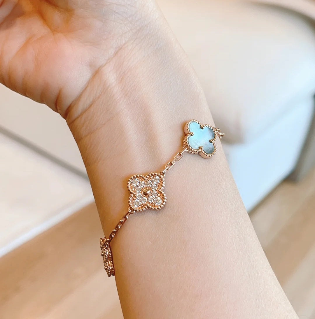 [Luxe]CLOVER 5 MOTIFS DARK MOP AND DIAMONDS PINK GOLD BRACELET