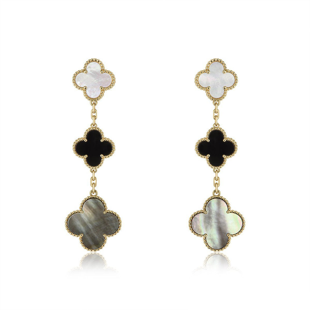 [LUXE]CLOVER EARRINGS GOLD ONYX MOP 3 MOTIF